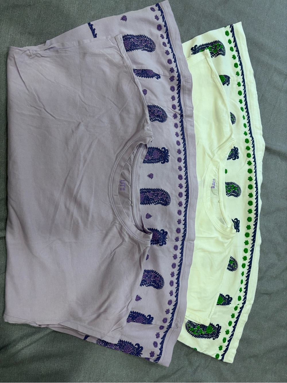 Anna Sui tunic shirts in Lavender and White with Purple & Green Paisley design